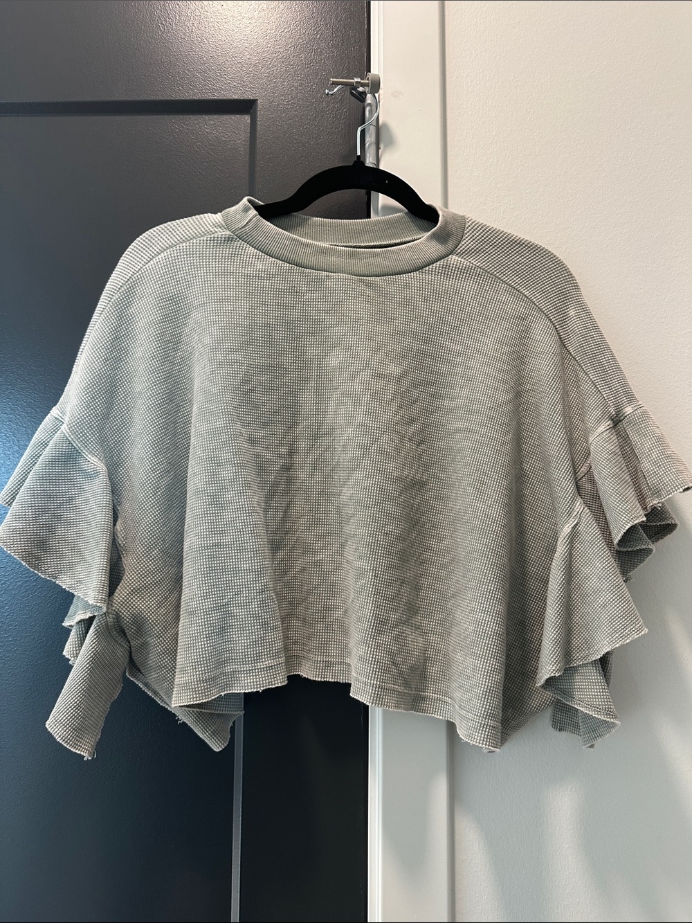 Waffle Knit Ruffle Short Sleeve Top - washed green grey